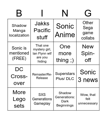 Sonic Central 2024 Bingo Card