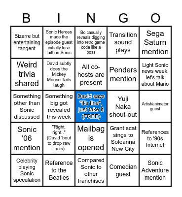 Sonic Weekly Podcast: Bingo Highway Bingo Card