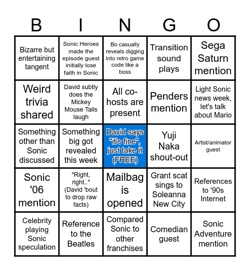 Sonic Weekly Podcast: Bingo Highway Bingo Card