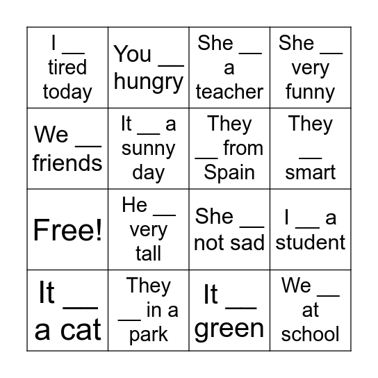 Verb to be Bingo Card