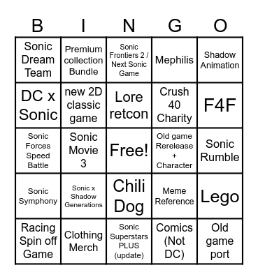 Sonic Central Bingo Card