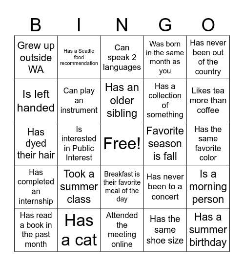 DJC Get to Know You Bingo Card