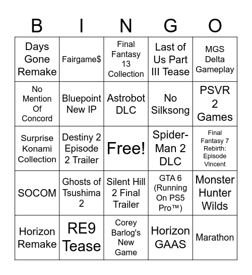 State of Play September 2024 Bingo Card