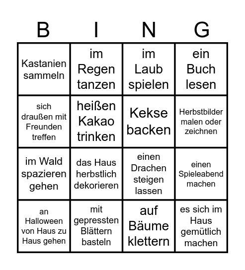 Herbstaktivitäten Bingo Card