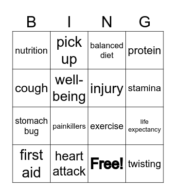 health and well-being Bingo Card