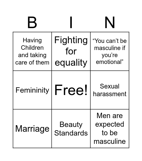 Social Pressure on Woman and Men Today Bingo Card