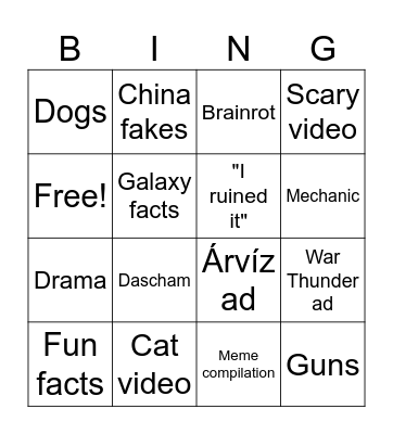 Yt Shorts Bingo Card