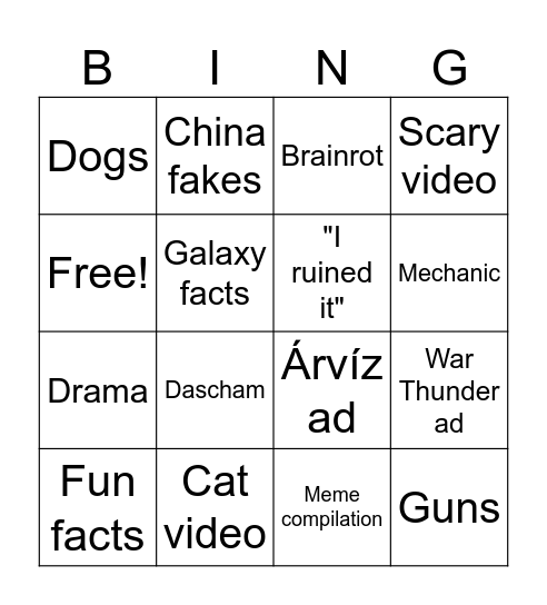 Yt Shorts Bingo Card