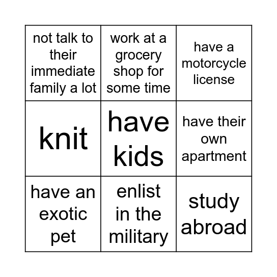 Probability Bingo Card