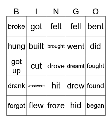 Irregular past tense verbs Bingo Card