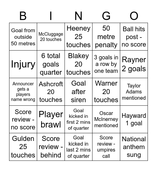 Grand Final Day Bingo Card