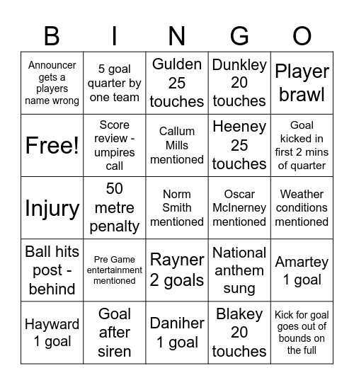 Grand Final Day Bingo Card