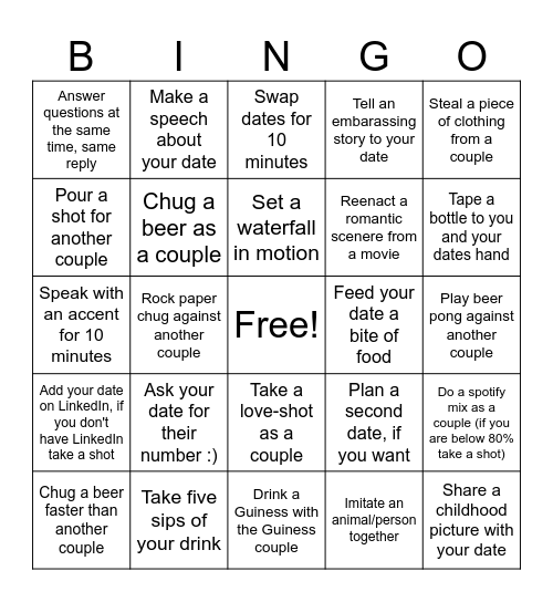 Date Dinner BINGO Card