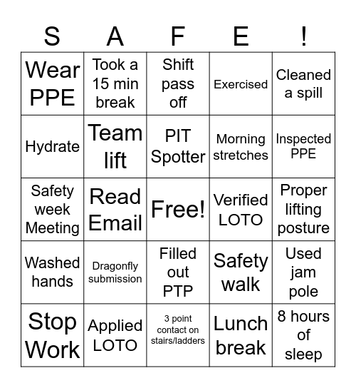 Safety Week Bingo Card