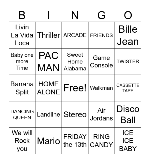 80s/90s Bingo Card