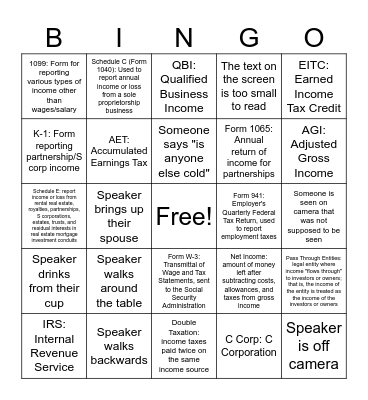 Tax Webinar Day 2 Bingo Card