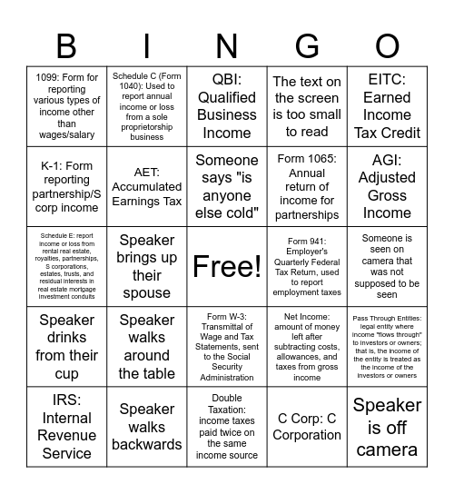 Tax Webinar Day 2 Bingo Card