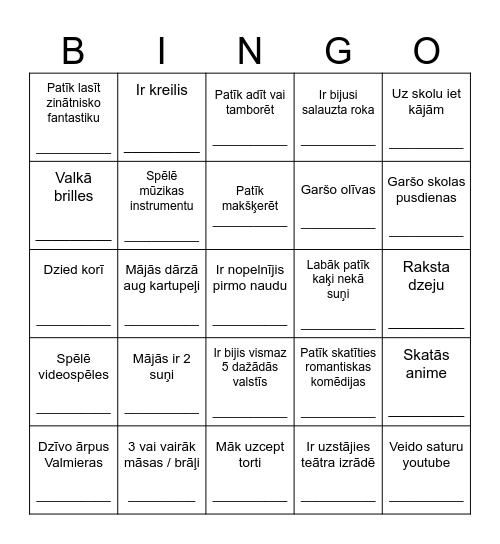 Klasesbiedru Bingo Card