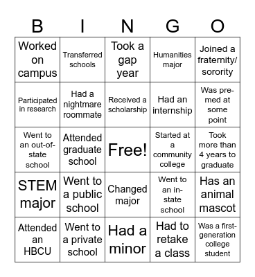 College Bingo! Bingo Card