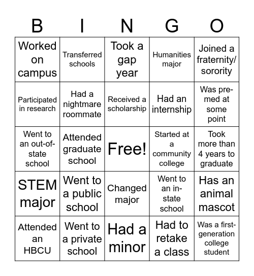 College Bingo! Bingo Card