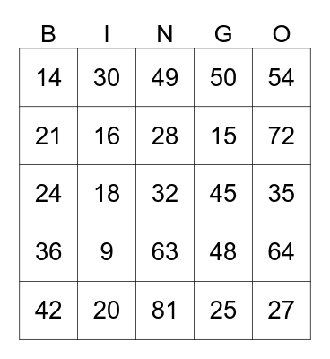 Multiplication Table Bingo Card