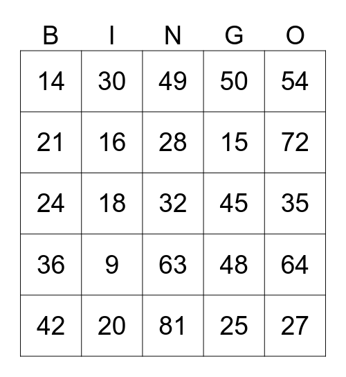 Multiplication Table Bingo Card