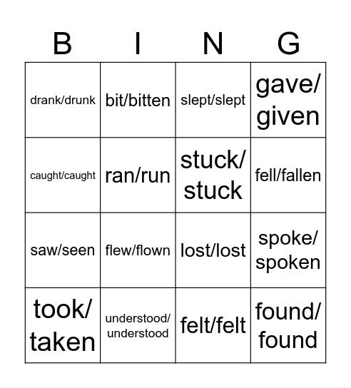 Irregular Verbs Bingo Card