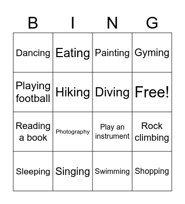 Activities Bingo Card