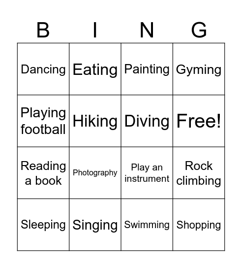 Activities Bingo Card