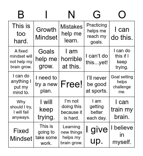 Growth Mindset Bingo Card