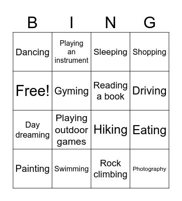 Activities Bingo Card