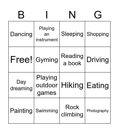 Activities Bingo Card