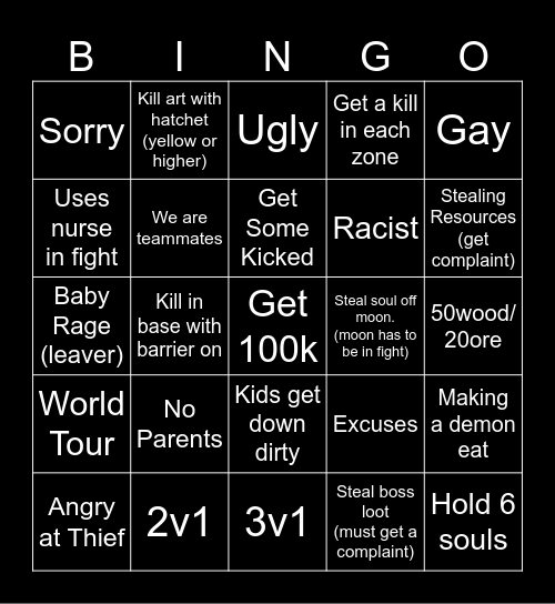 Slayer Tycoon Bingo Card