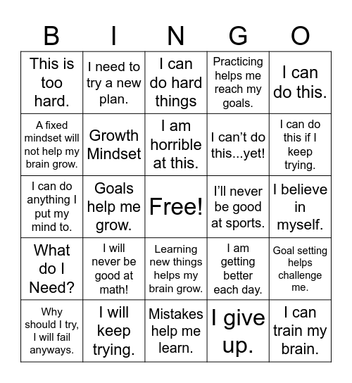 Growth Mindset Bingo Card