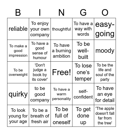 Appearance and Personality Bingo Card