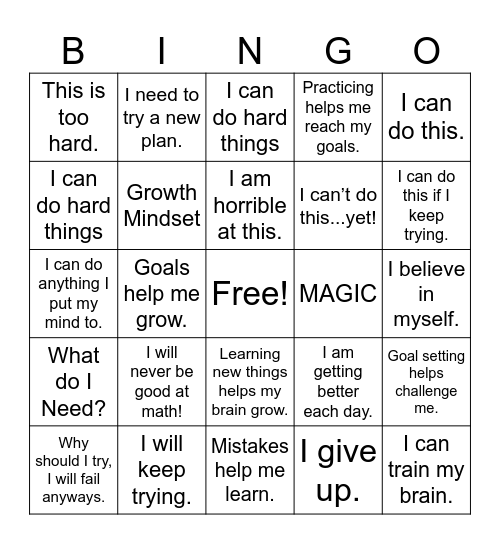 Growth Mindset Bingo Card