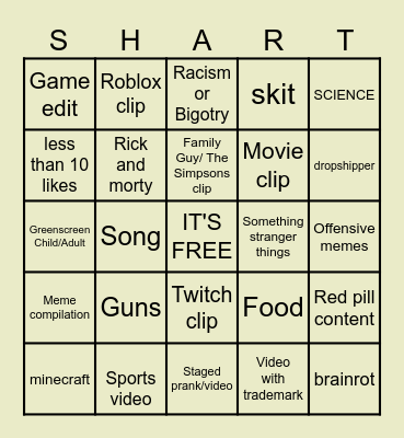 YT SHORTS SHART Bingo Card