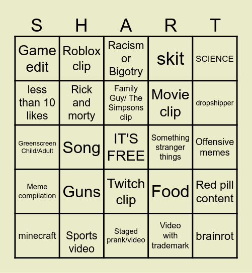 YT SHORTS SHART Bingo Card