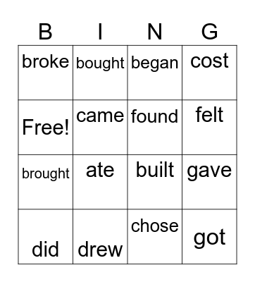 Irregular Past Tense Verbs Bingo Card