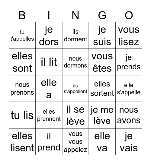 Présent de l'indicatif Bingo Card