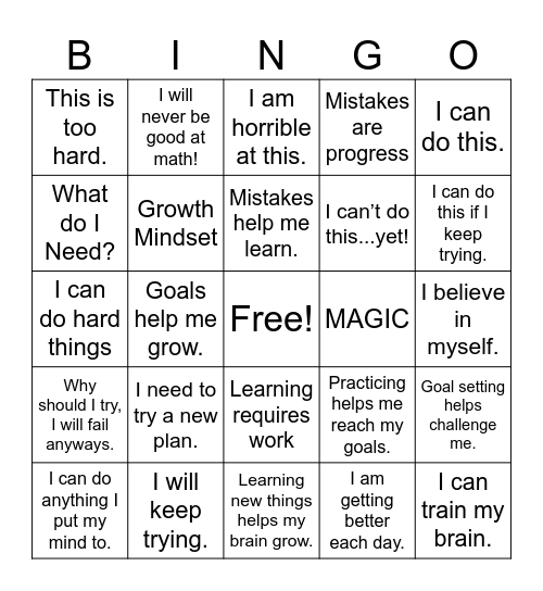 Growth Mindset Bingo Card