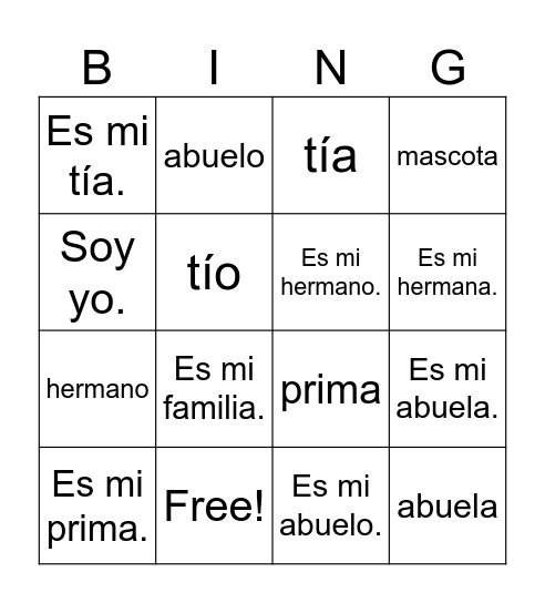 Familia Bingo Card