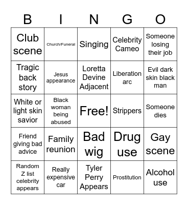 Tyler Perry movie Bingo Card Bingo Card