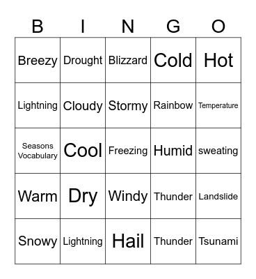 Weather, seasons and natural phenomena Bingo Card