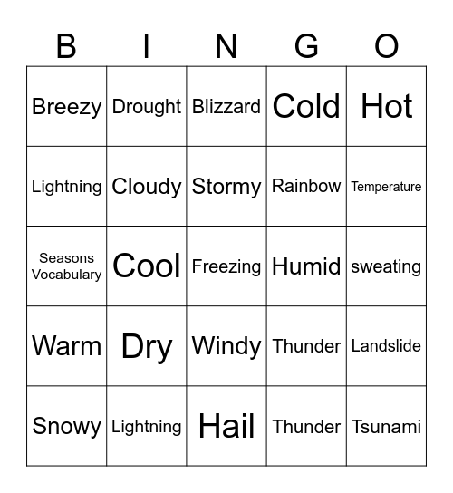 Weather, seasons and natural phenomena Bingo Card