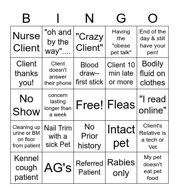 Vet Tech Bingo! Bingo Card