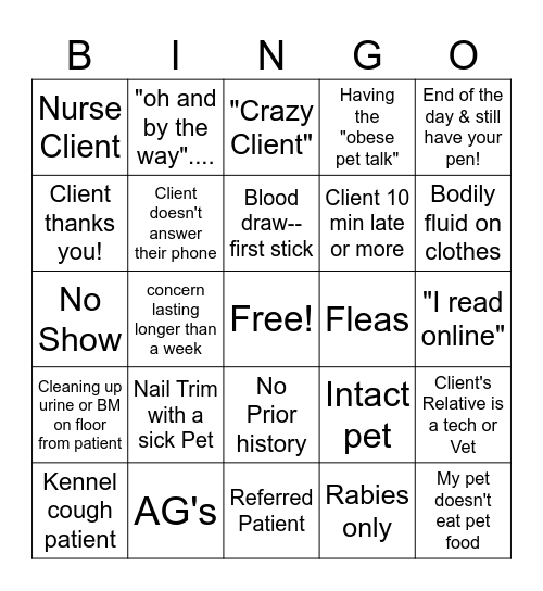 Vet Tech Bingo! Bingo Card