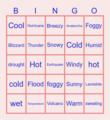 Weather, seasons and natural phenomena Bingo Card