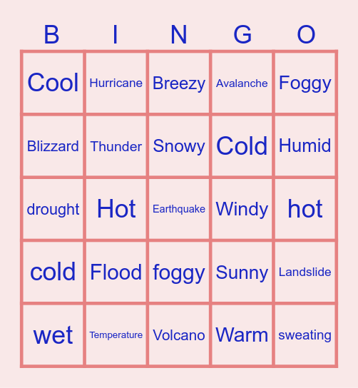 Weather, seasons and natural phenomena Bingo Card