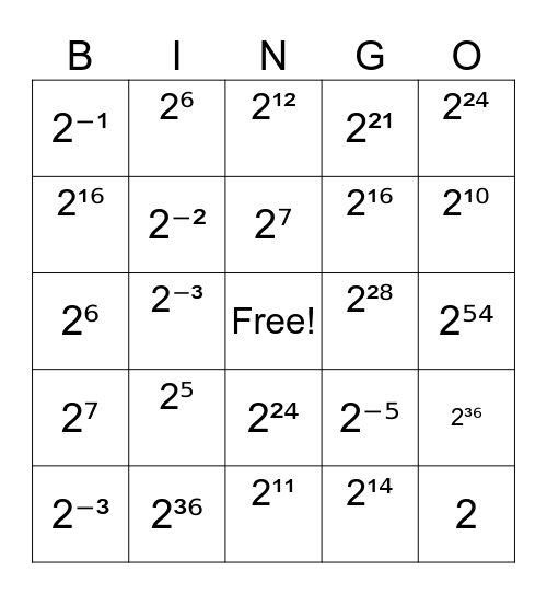 Exponent Bingo Card